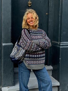 80's Knit Crew Neck Sweater Size XL Fisherman Abstract Geometric
